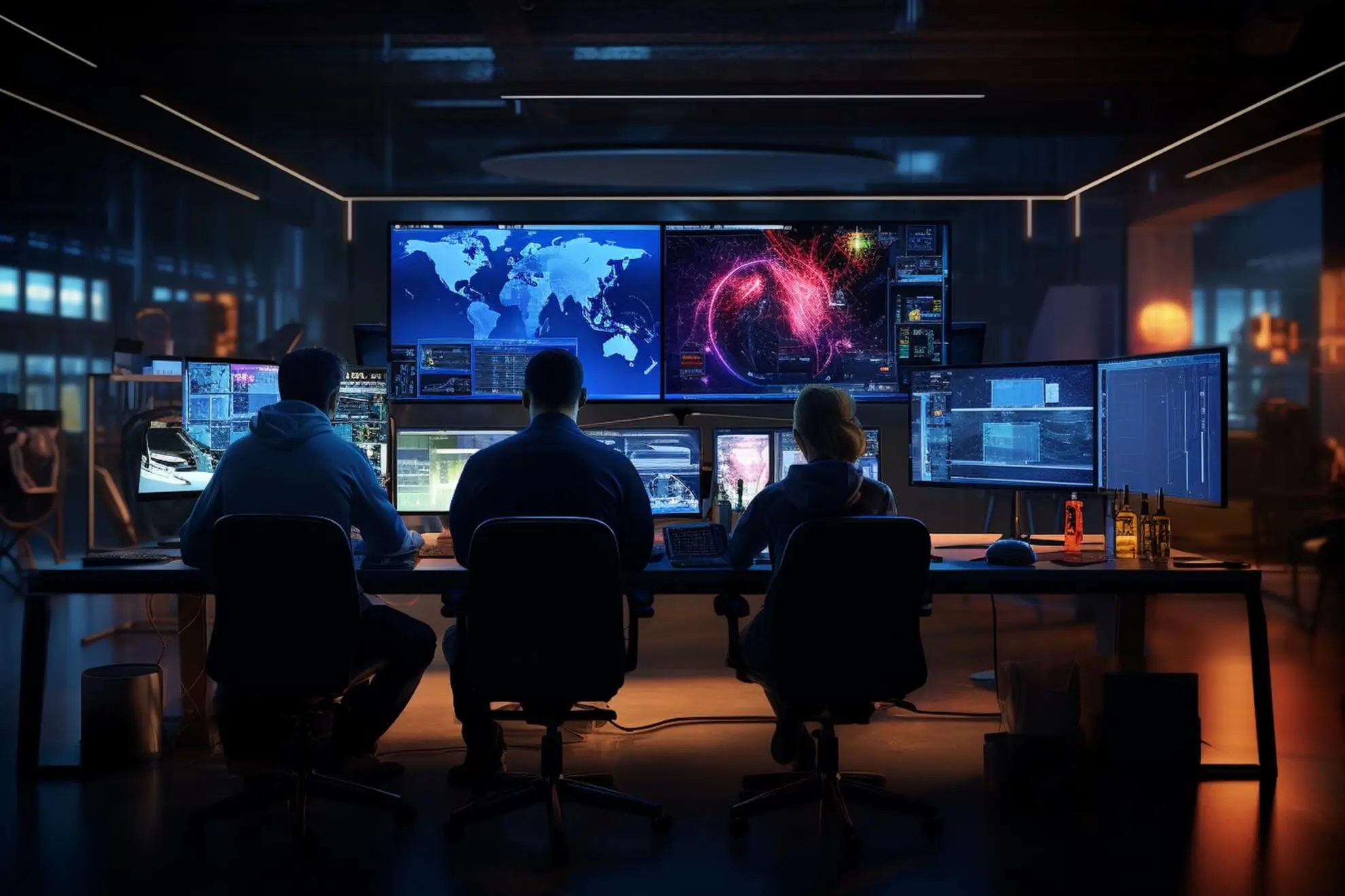 A group of three people work at a high tech command center, monitoring multiple screens displaying world maps, graphs, and data visualizations. the room is dimly lit with a futuristic ambiance, and t