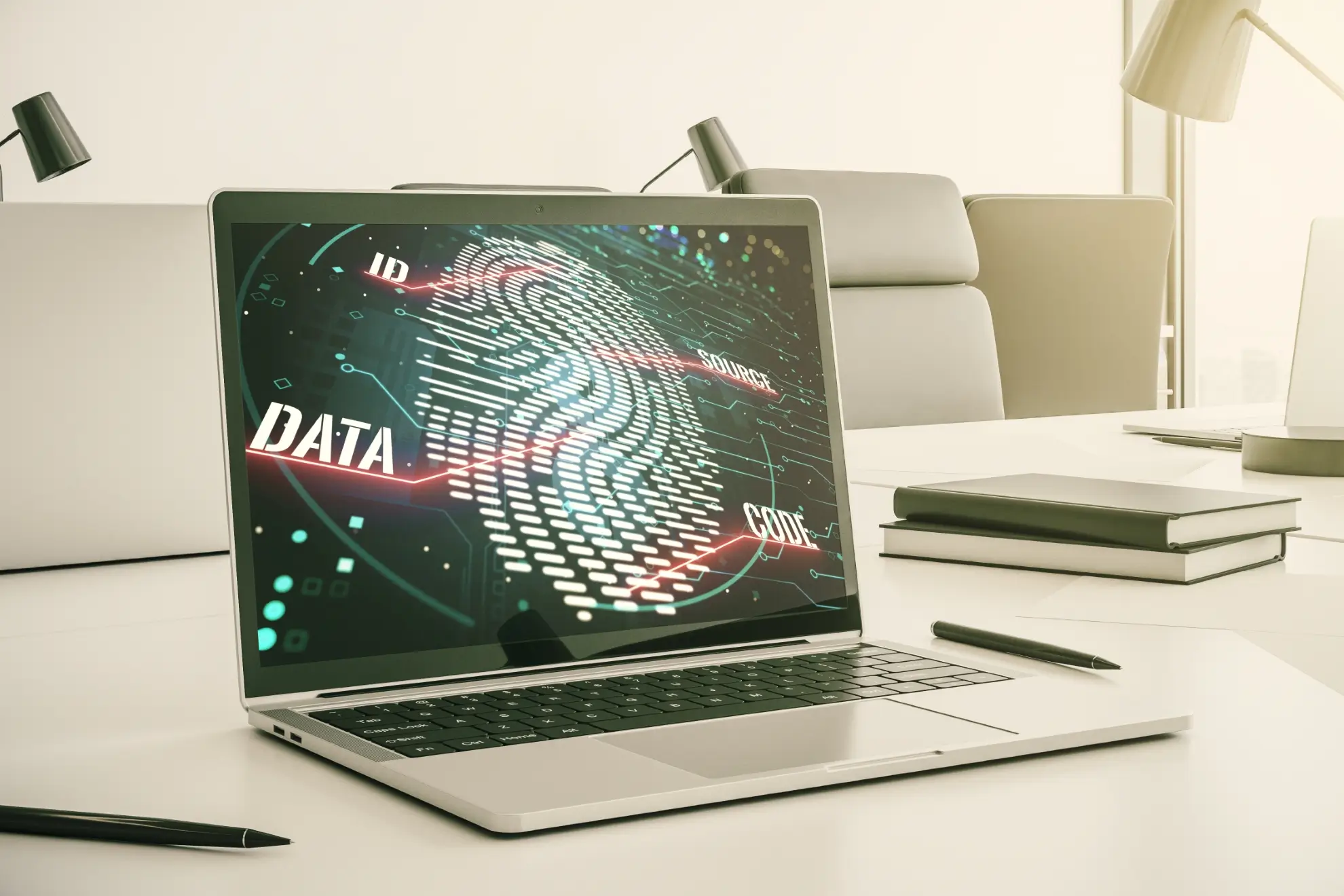 Modern Computer Screen With Creative Fingerprint Hologram Personal Biometric Data